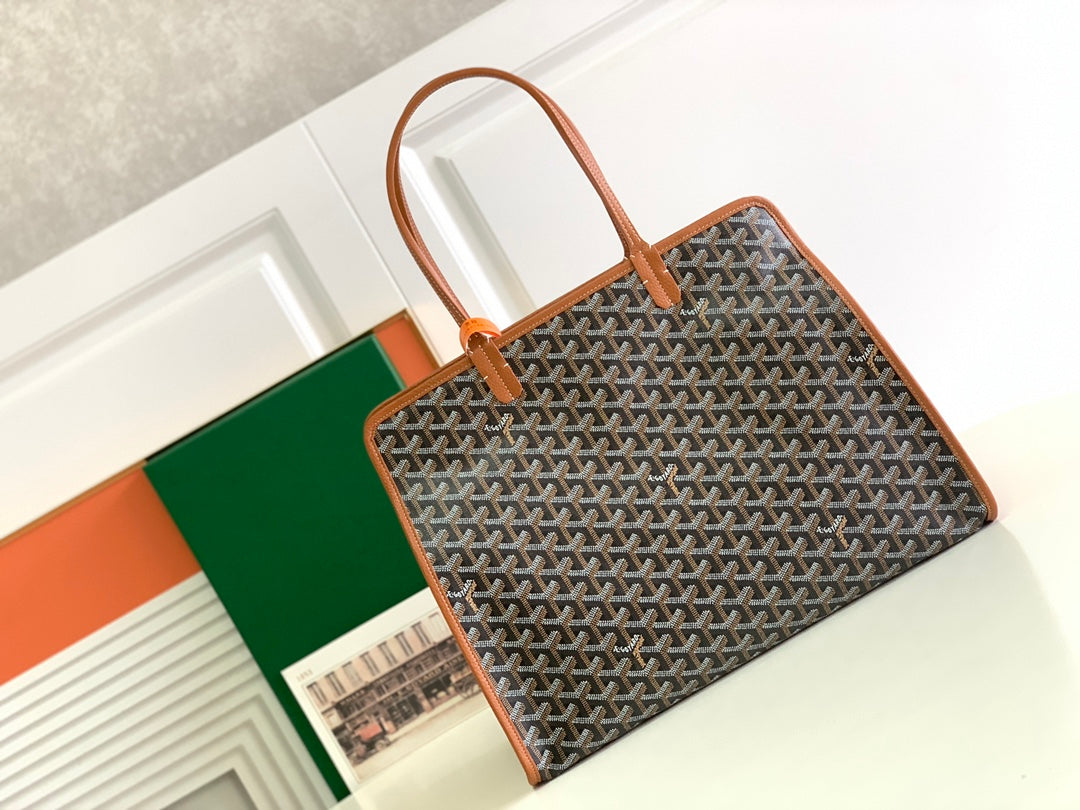 Gogy Structured Geometric Chevron Print Canvas Tote Bag with Leather Trim