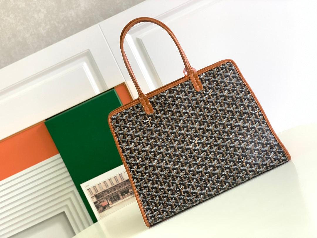 Gogy Structured Geometric Chevron Print Canvas Tote Bag with Leather Trim