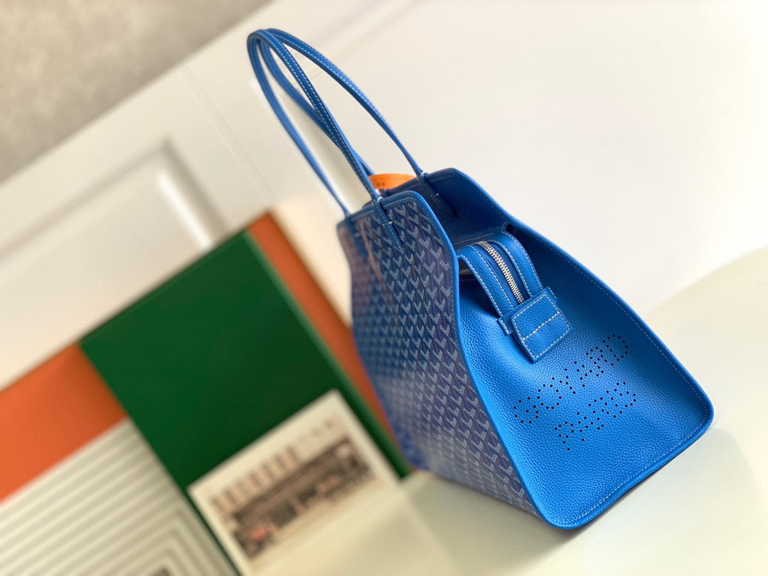 Gogy Elegant Blue Chevron Print Tote Bag with Orange Accent Ring