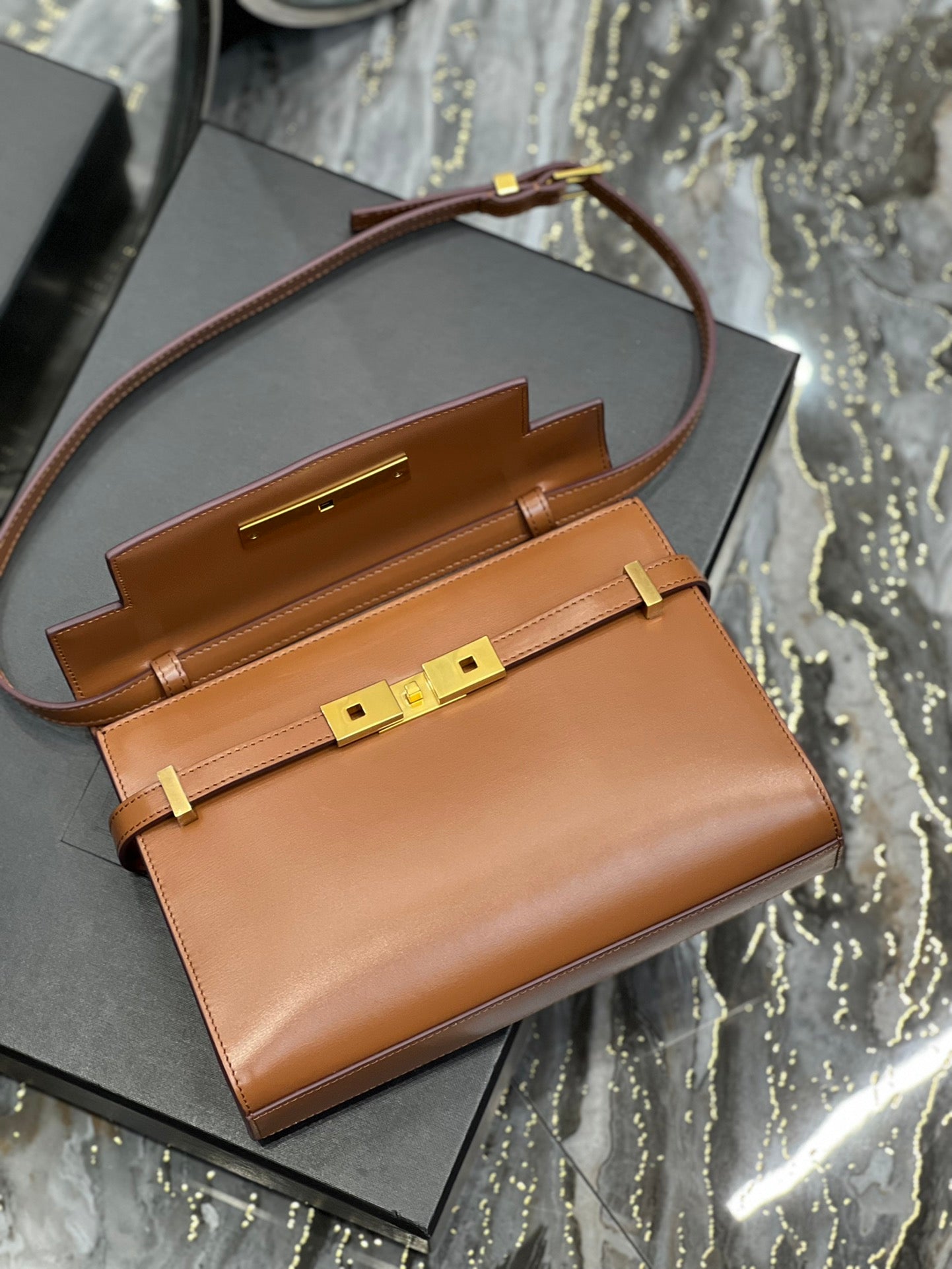 Saint Laurent Manhattan Small Shoulder Bag in Box Leather - Brick