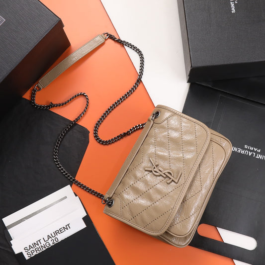 Saint Laurent Niki Medium Chain Bag in Quilted Crinkled Leather - Beige