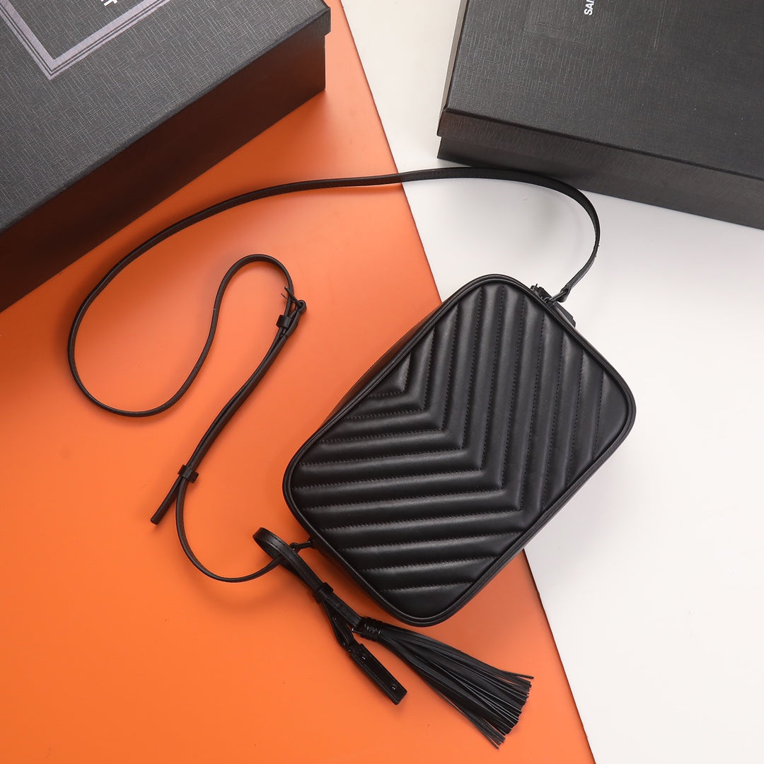 Black Quilted Leather Mini Crossbody Camera Bag with Tassel