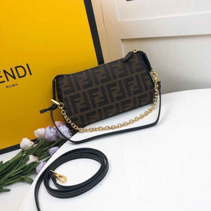 Fendi Baguette Small Monogram FF Canvas Shoulder Bag - Brown/Tobacco