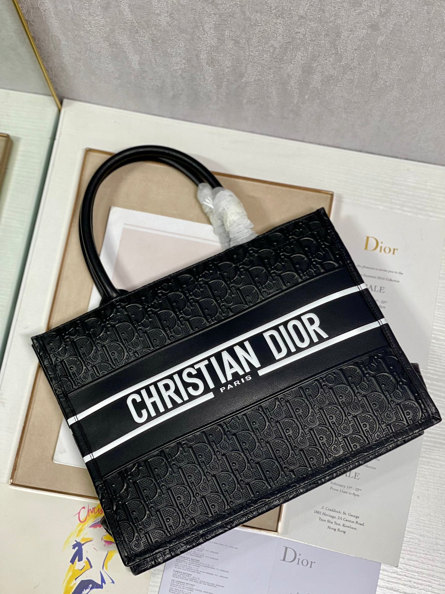 Dior Elegant Black Embossed Leather Top Handle Square Tote Bag