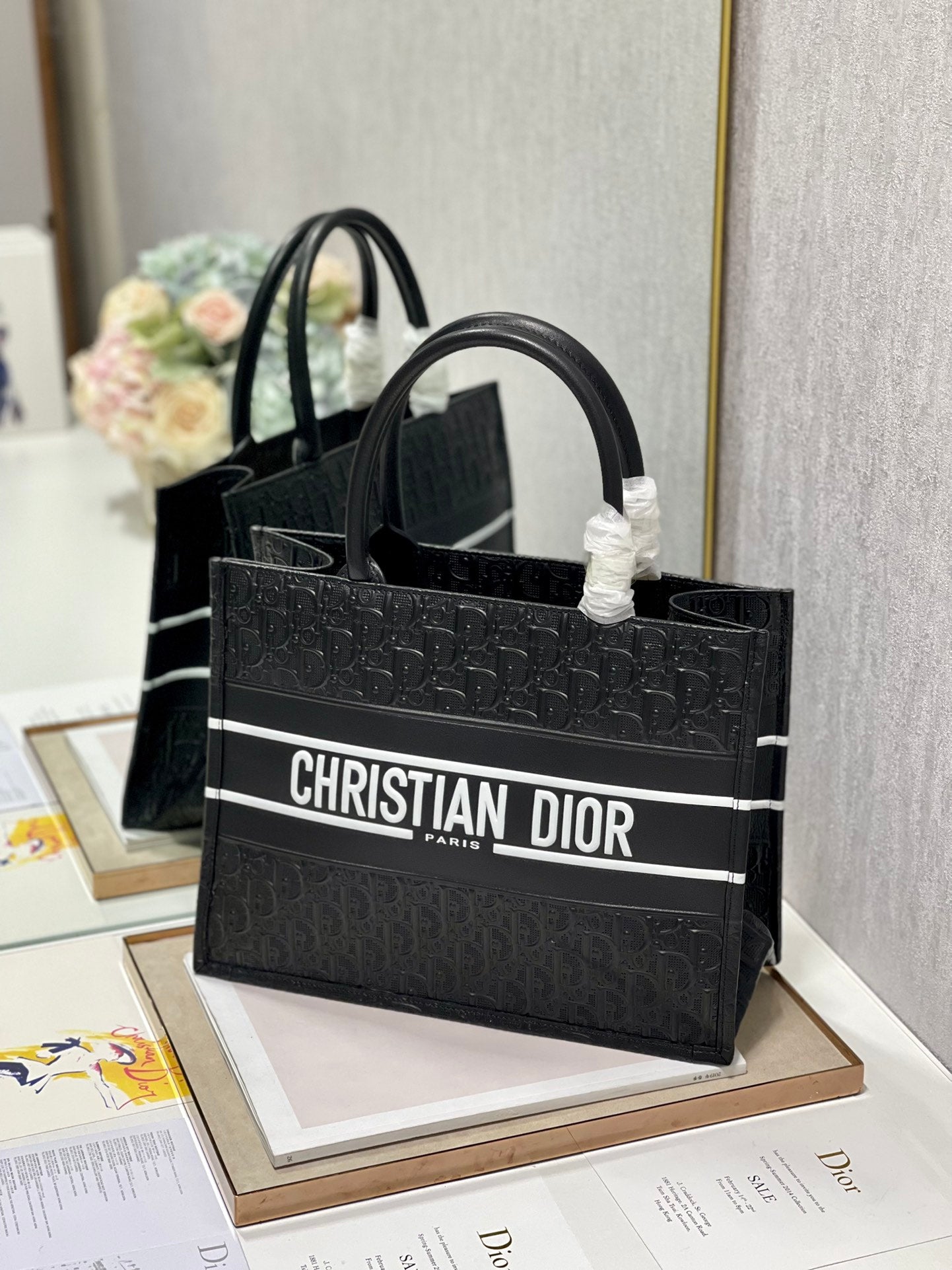 Dior Classic Black Embossed Monogram Canvas Tote Bag with Top Handles