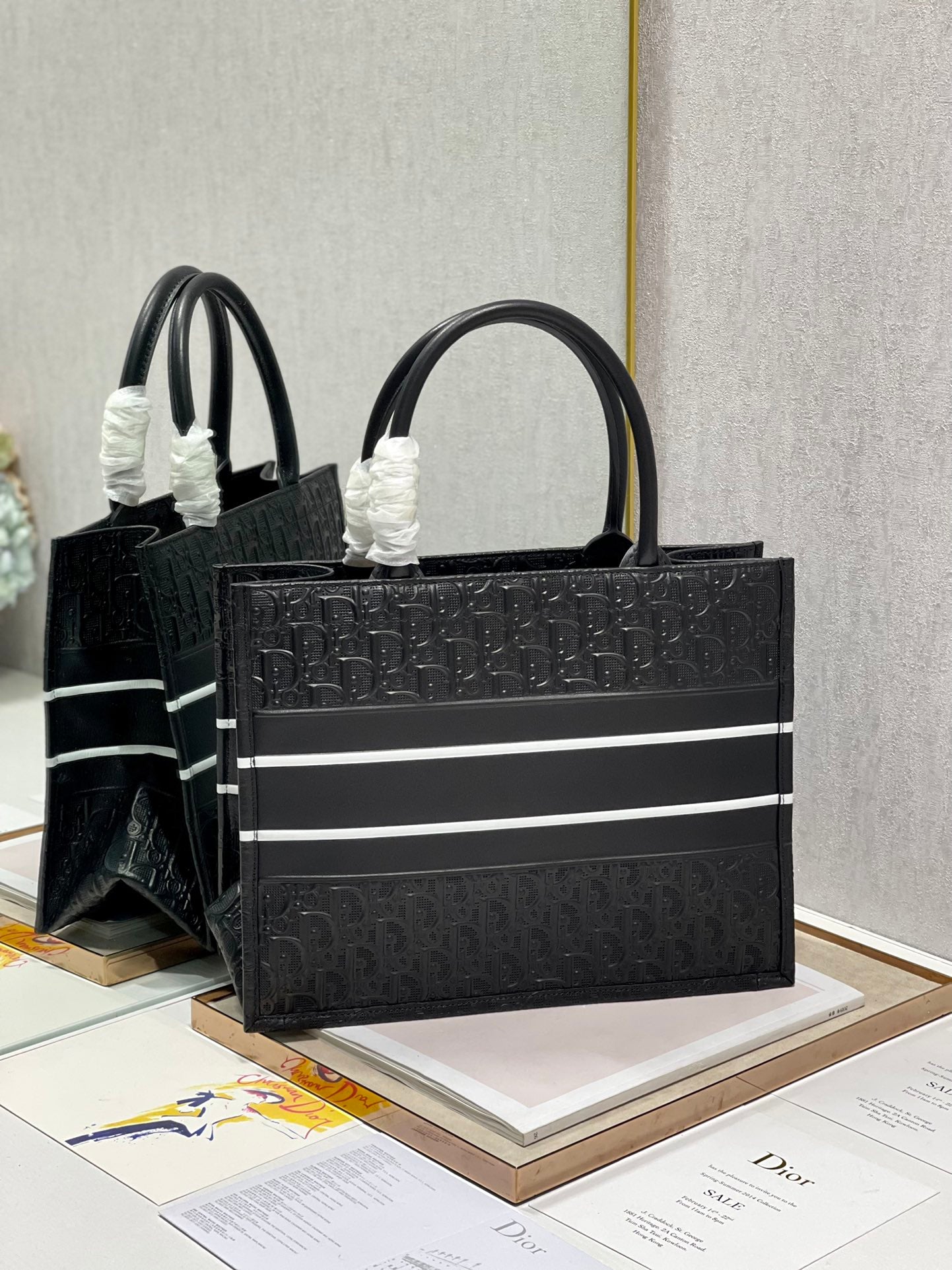 Dior Elegant Black Embossed Leather Top Handle Square Tote Bag