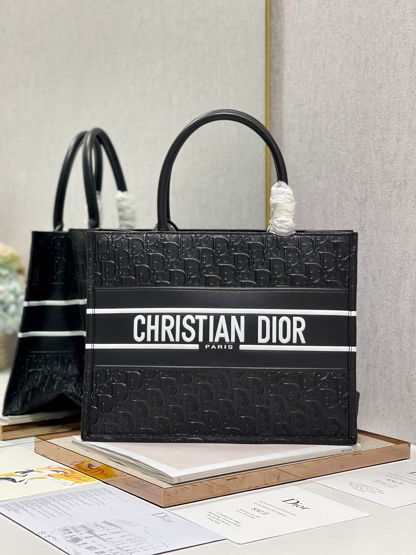 Dior Elegant Black Embossed Leather Top Handle Square Tote Bag