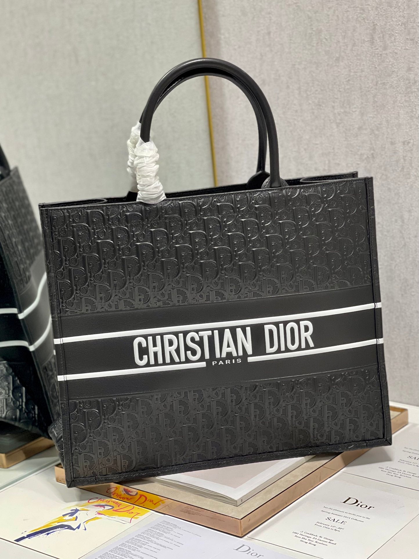 Dior Structured Black Monogram Embossed Tote Bag with Handles