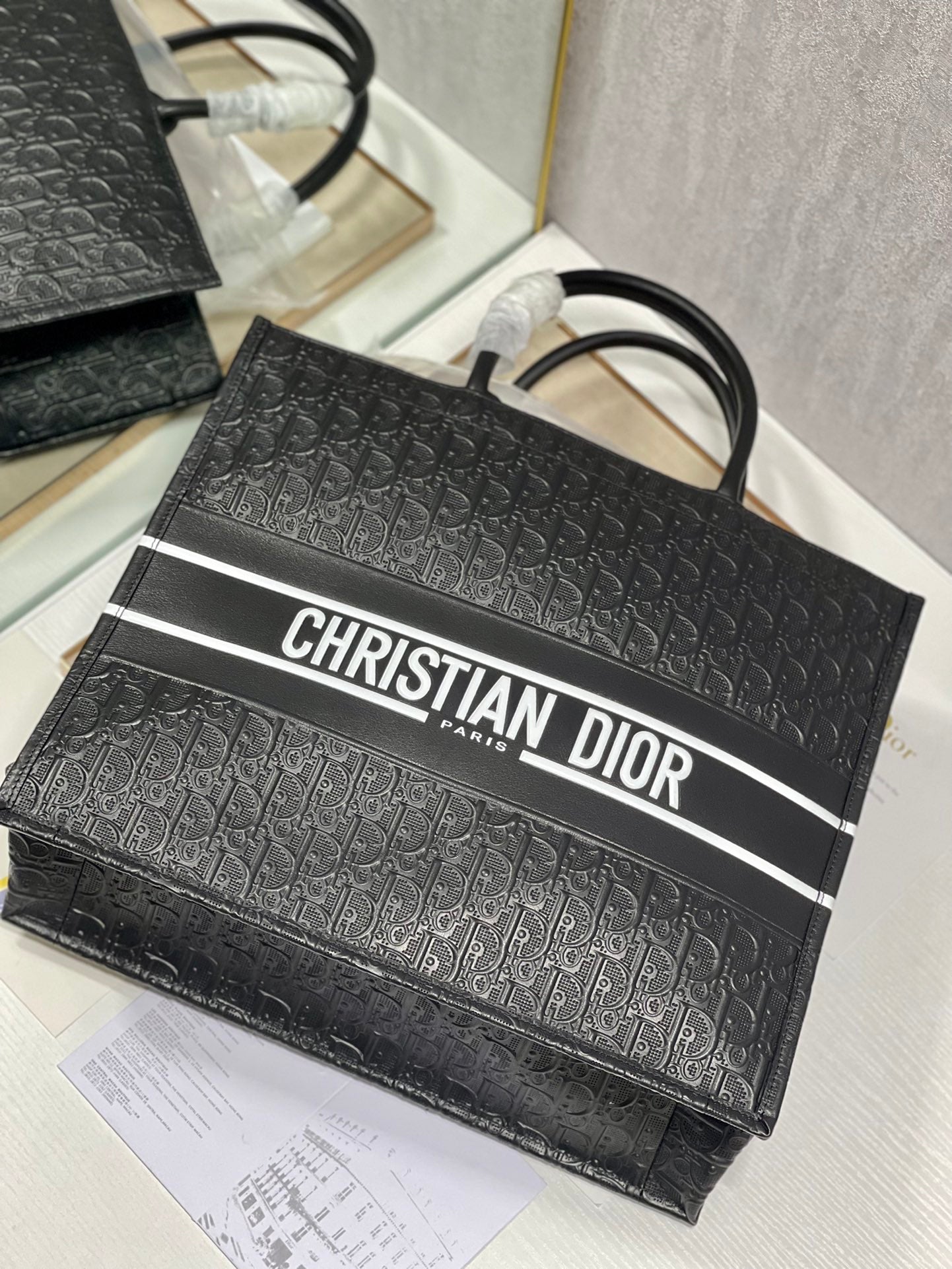 Dior Black Embossed Monogram Square Tote Bag with Top Handles