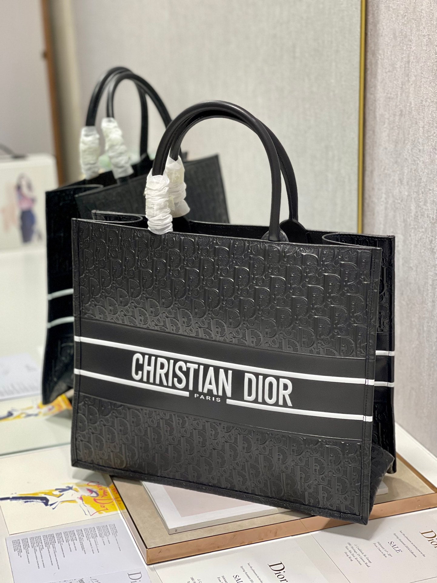 Dior Black Embossed Monogram Square Tote Bag with Top Handles