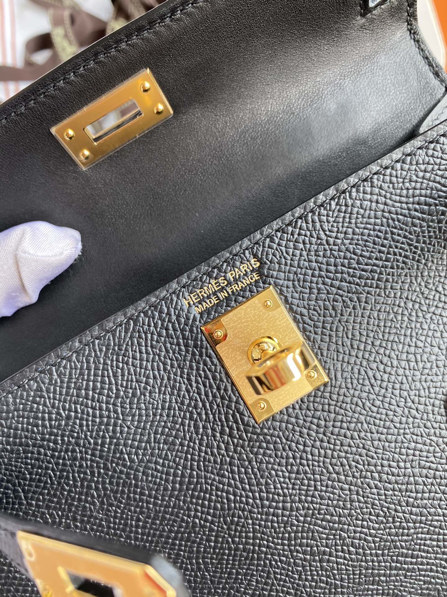 Black Textured Leather Top Handle Handbag with Gold Hardware