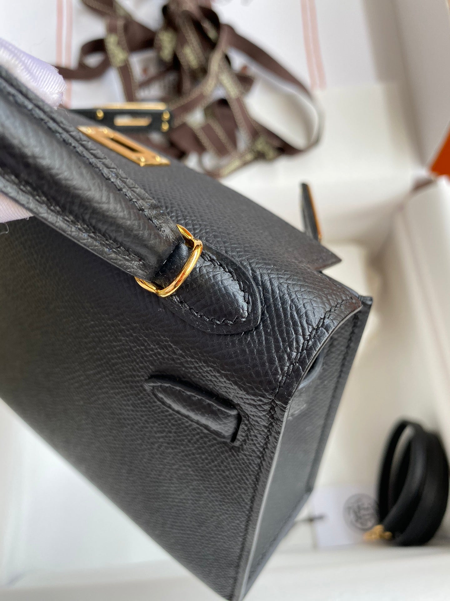 Black Textured Leather Top Handle Handbag with Gold Hardware