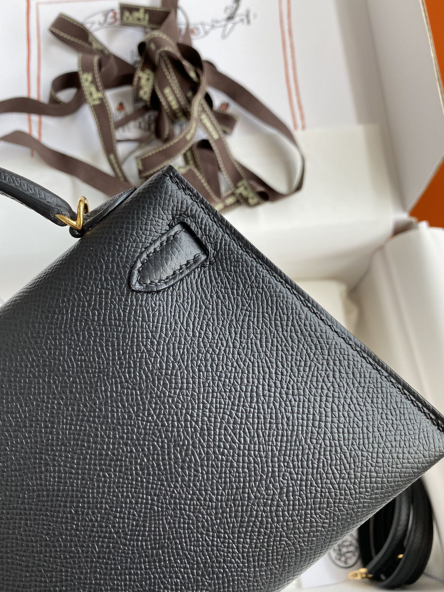 Black Textured Leather Top Handle Handbag with Gold Hardware