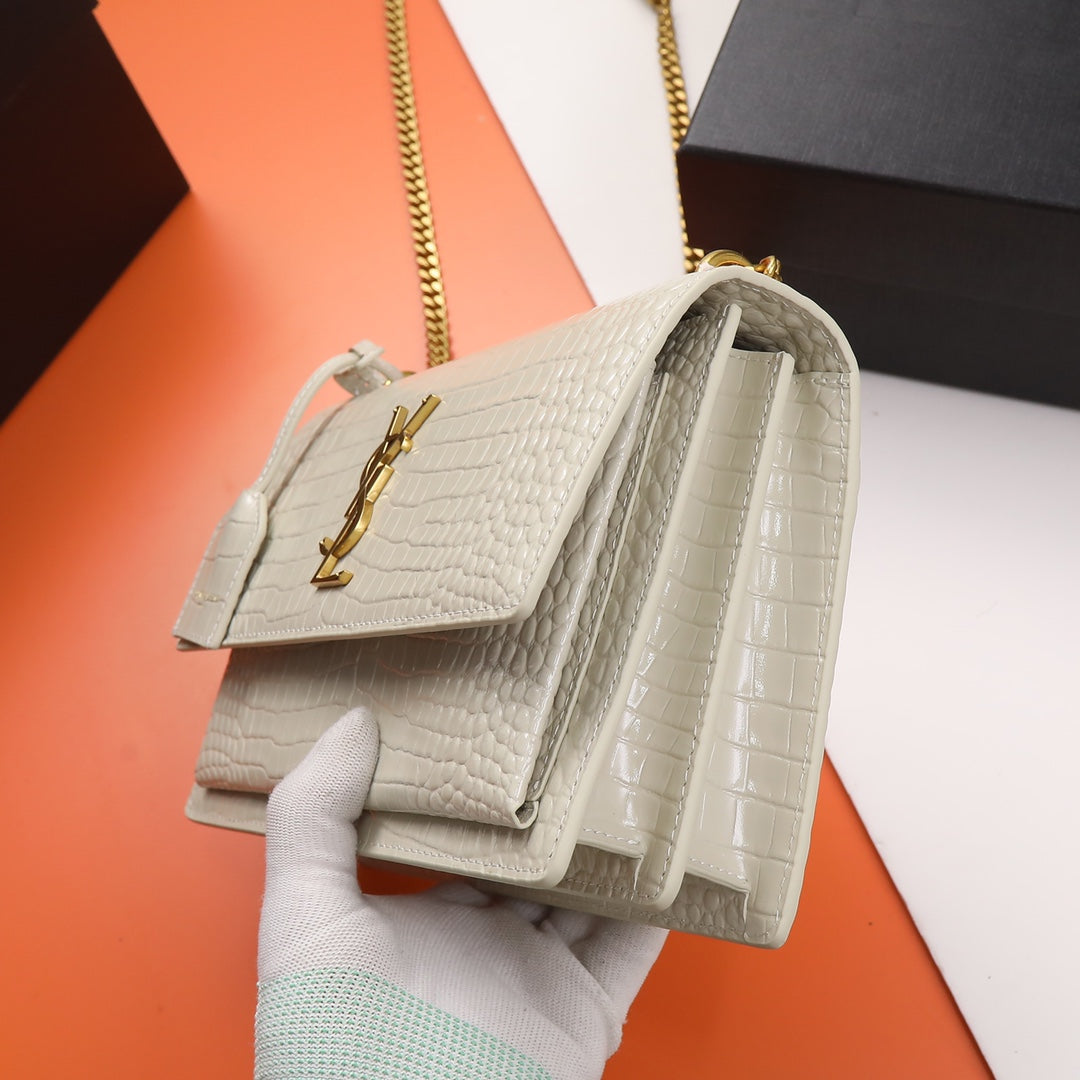 Saint Laurent Monogram Sunset Croc-Embossed Leather Chain Bag - White