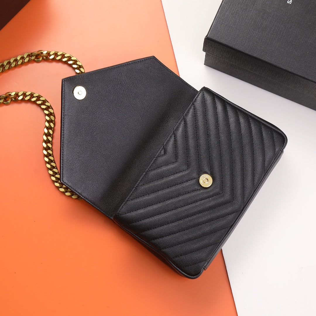 Saint Laurent Monogram Envelope Bag in Quilted Leather - Black/Gold