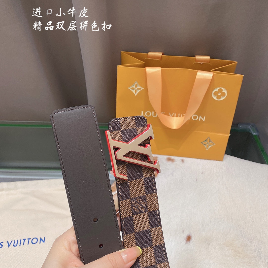 Louis Vuitton Damier Ebene Belt with LV Initial Buckle, Brown Coated Canvas, Calfskin Leather, Luxury Designer Men's Accessory