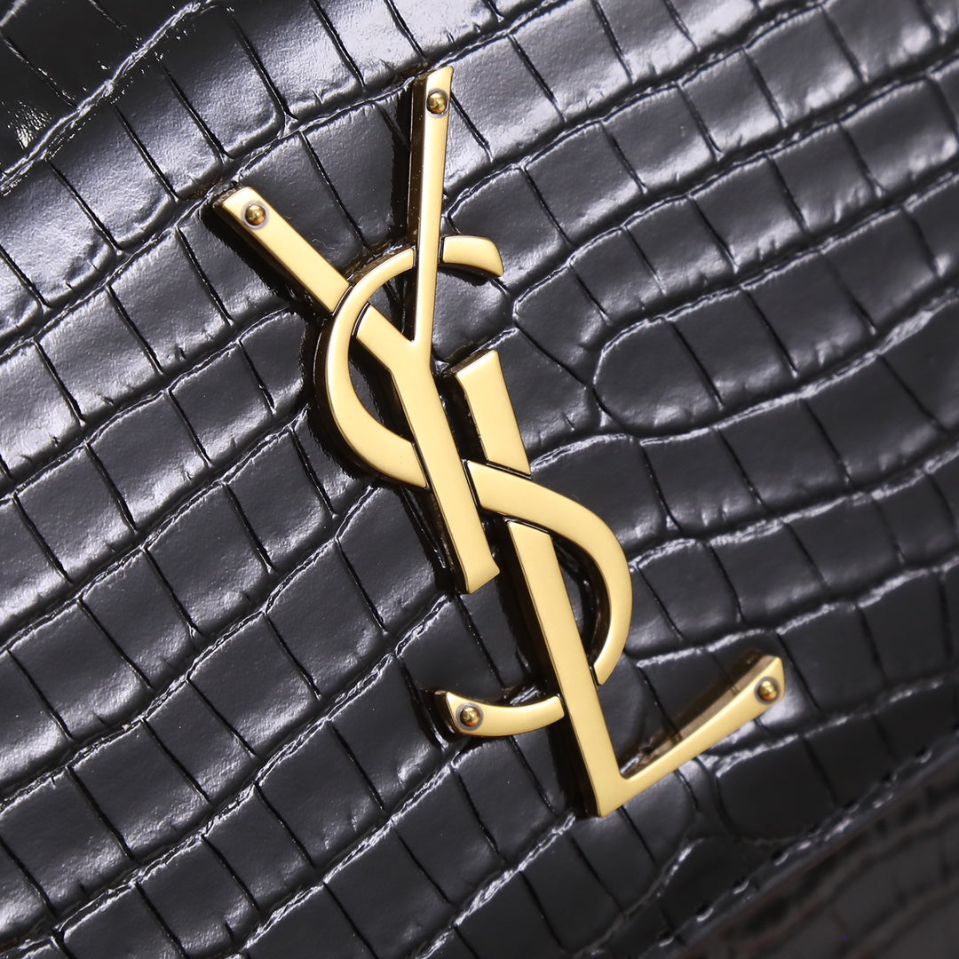 Saint Laurent Sunset Medium Shoulder Bag in Crocodile-Embossed Leather - Black