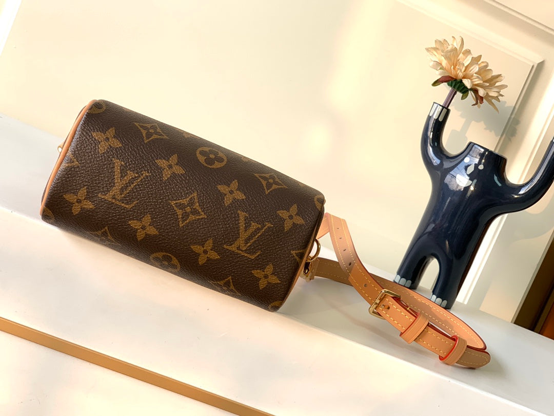 Louis Vuitton Classic Brown Monogram Mini Barrel Handbag with Leather Strap