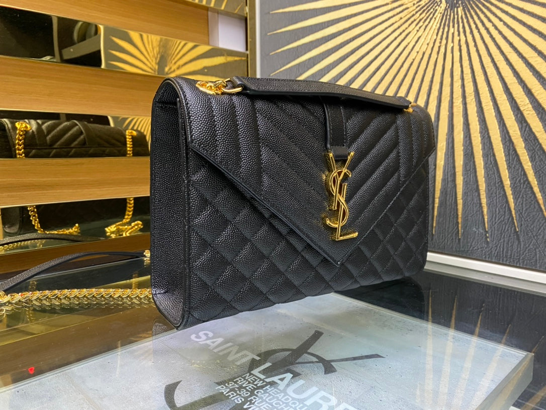 Saint Laurent Medium Envelope Bag in Mix Matelassé Grain de Poudre Leather - Black