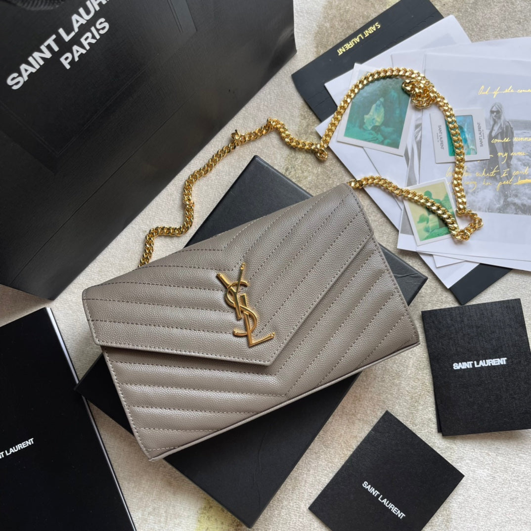Saint Laurent Cassandre Matelassé Chain Wallet in Quilted Leather - Grey