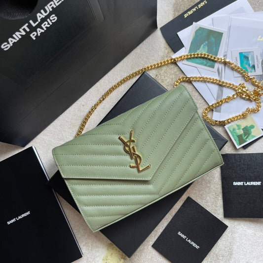 Saint Laurent Cassandre Matelassé Chain Wallet in Sage Green Leather