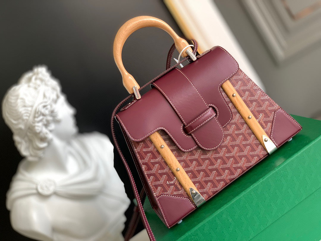Gogy Burgundy Geometric Pattern Handbag with Wooden Top Handle