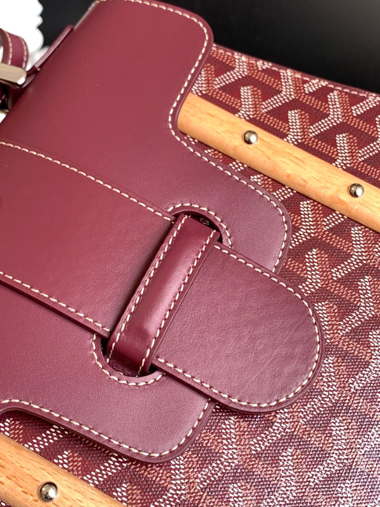 Gogy Burgundy Geometric Pattern Handbag with Wooden Top Handle