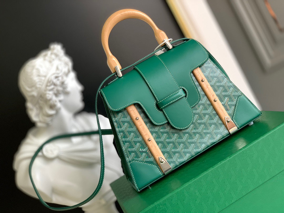 Gogy Luxury Green Chevron Structured Handbag with Wooden Top Handle