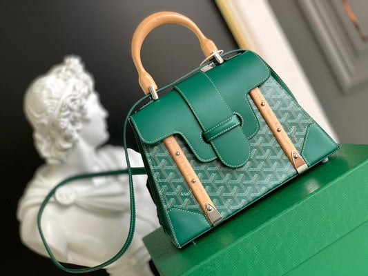 Gogy Luxury Green Chevron Structured Handbag with Wooden Top Handle