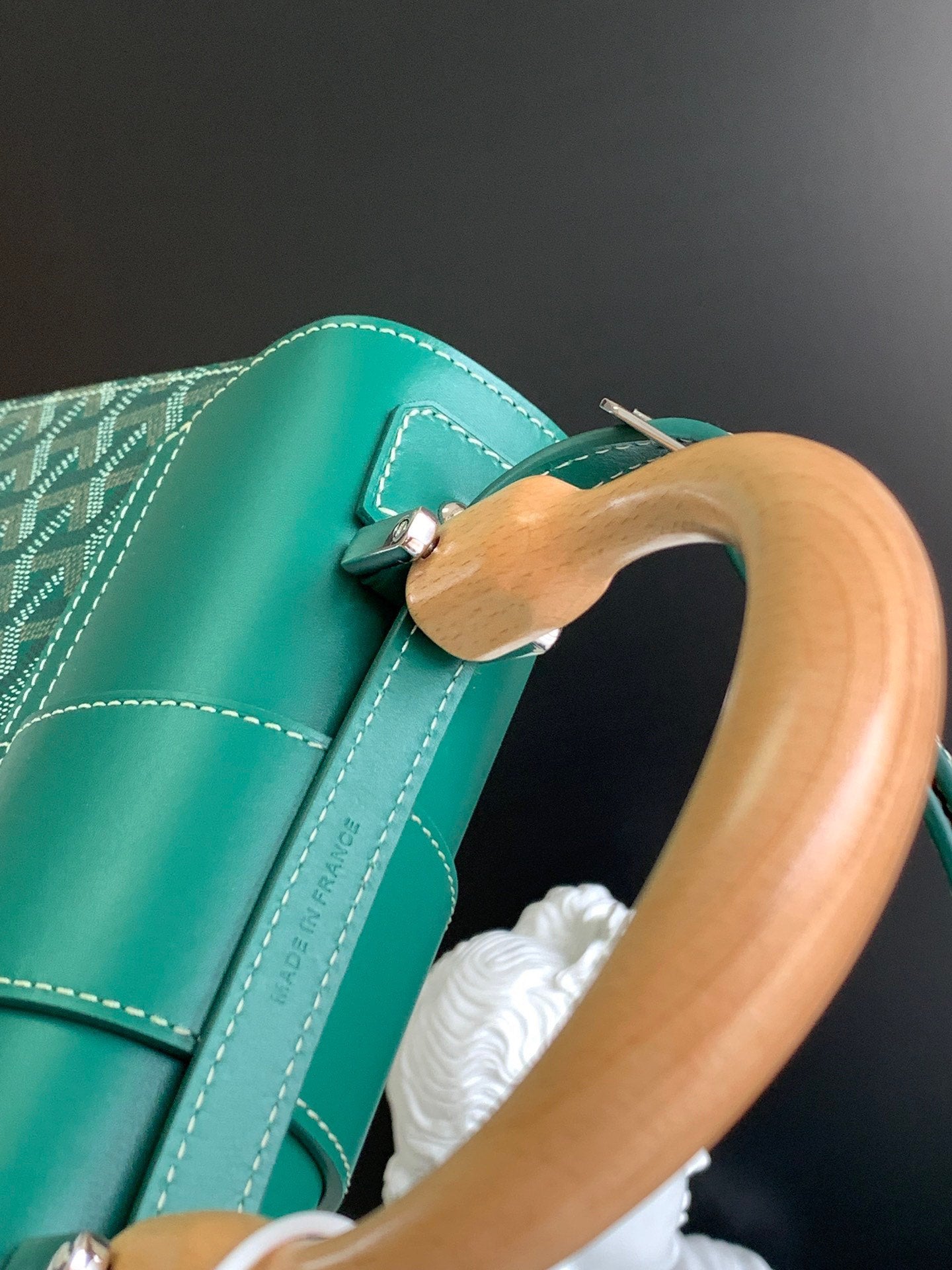 Gogy Luxury Green Chevron Structured Handbag with Wooden Top Handle