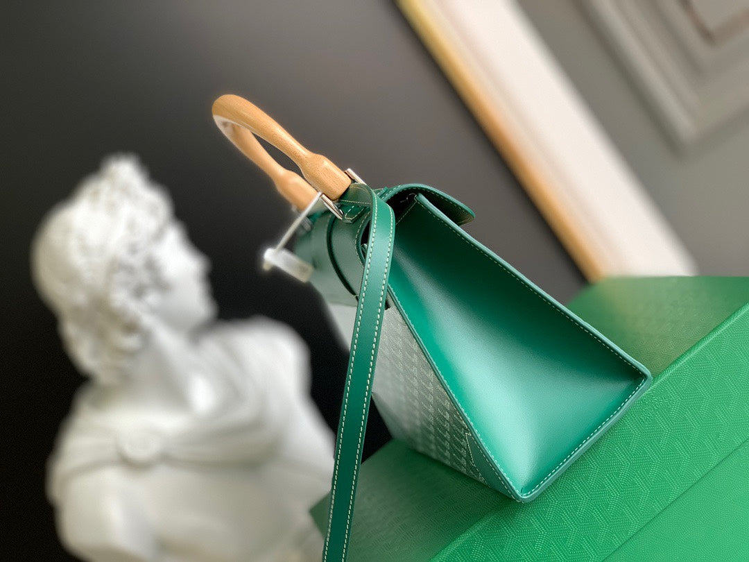 Gogy Luxury Green Chevron Structured Handbag with Wooden Top Handle