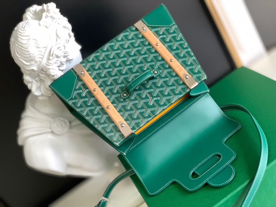 Gogy Luxury Green Chevron Structured Handbag with Wooden Top Handle