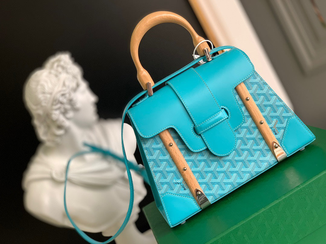 Gogy Turquoise Geometric Pattern Leather Handbag with Wooden Top Handle