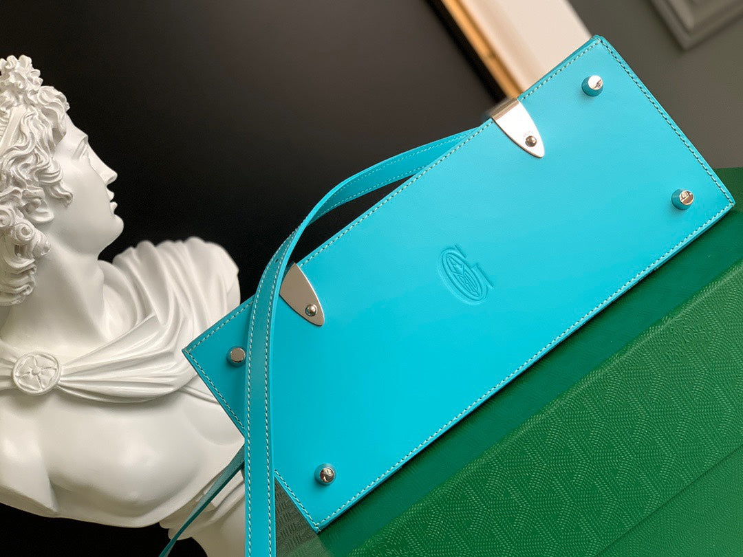 Gogy Turquoise Geometric Pattern Leather Handbag with Wooden Top Handle