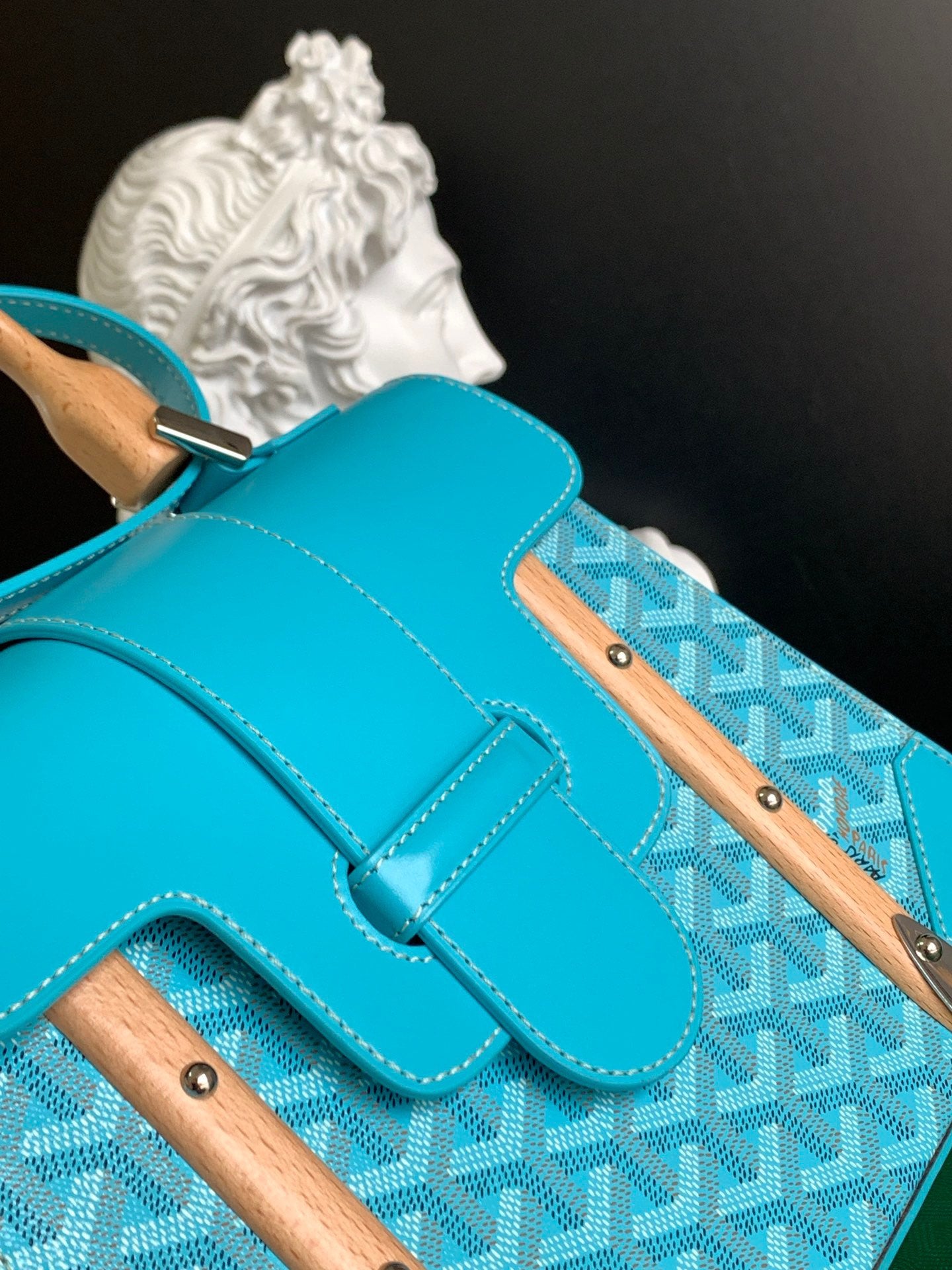 Gogy Turquoise Geometric Pattern Leather Handbag with Wooden Top Handle
