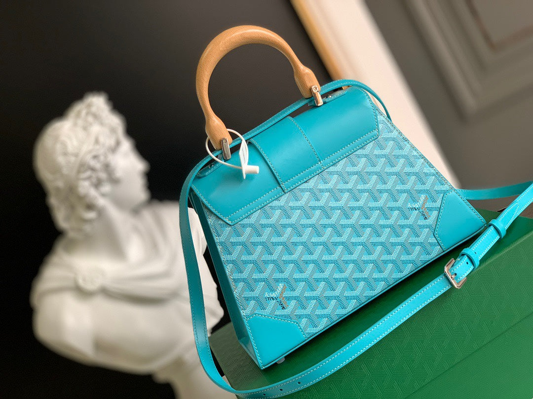 Gogy Turquoise Geometric Pattern Leather Handbag with Wooden Top Handle