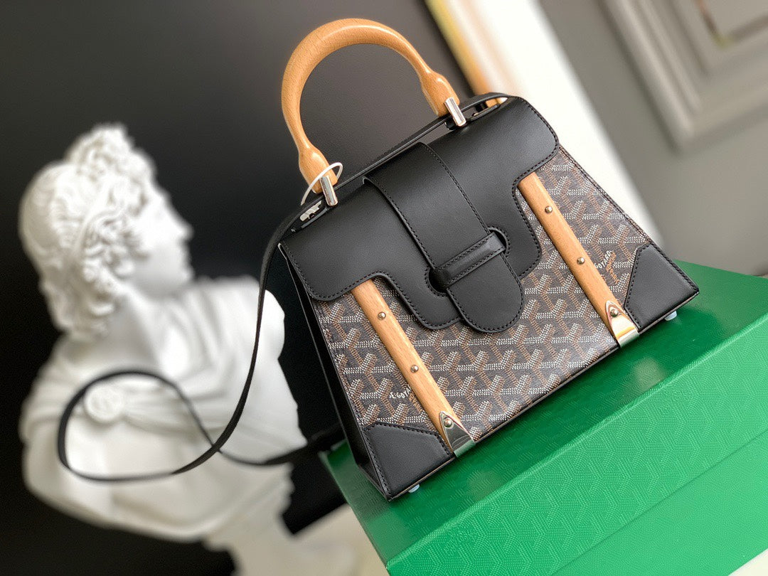 Gogy Classic Chevron Pattern Leather Handbag with Wooden Handle