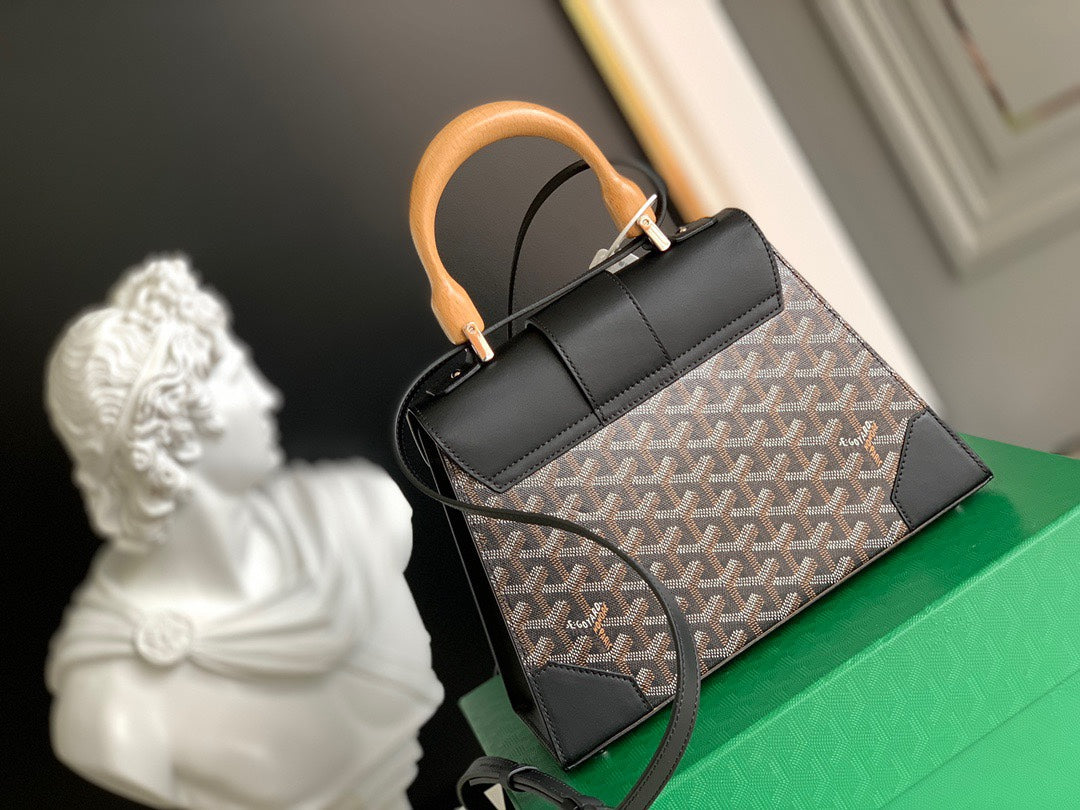 Gogy Classic Chevron Pattern Leather Handbag with Wooden Handle