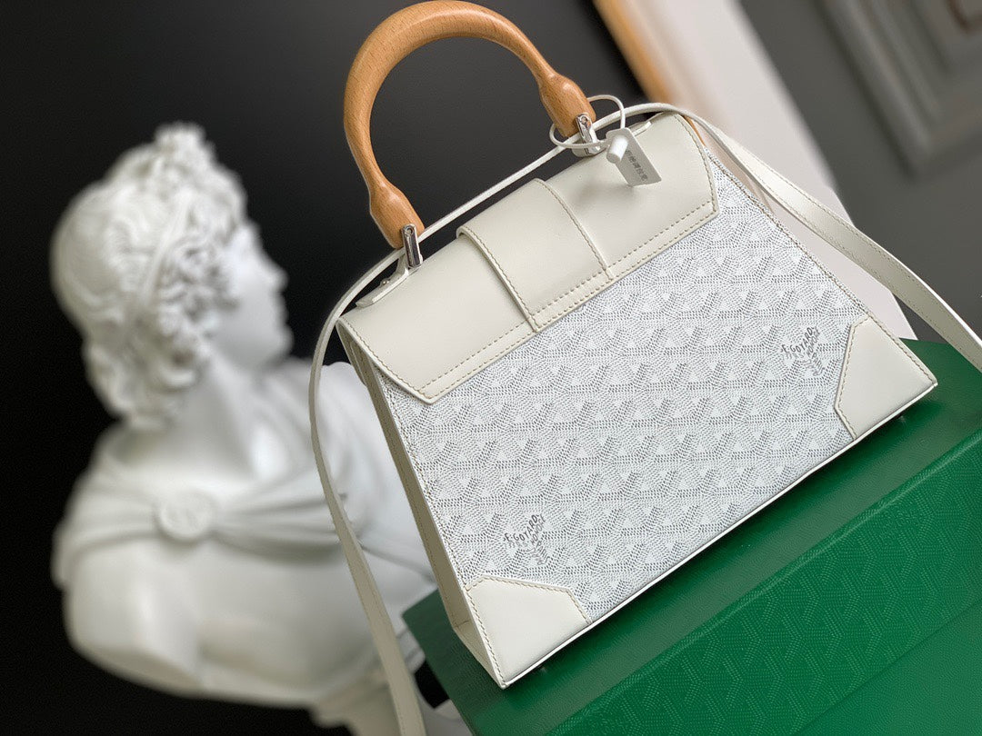 Gogy Elegant White Chevron Top Handle Handbag with Wooden Details