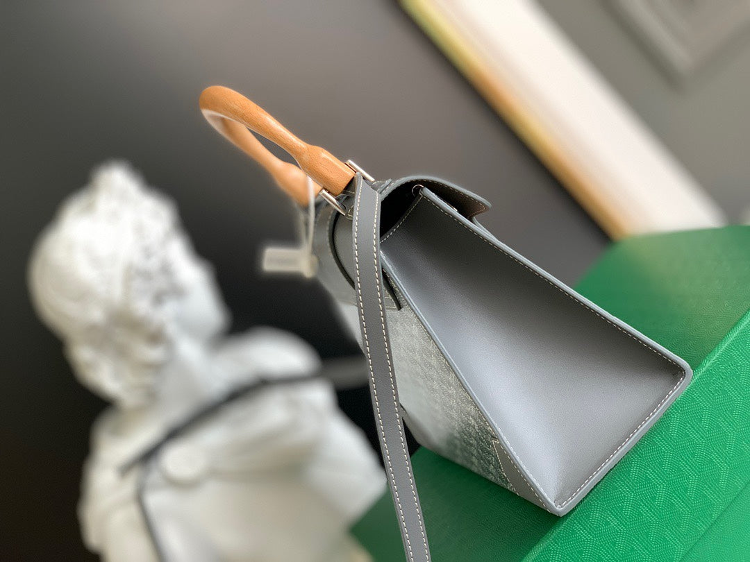 Gogy Structured Grey Chevron Top Handle Shoulder Bag with Wooden Handle
