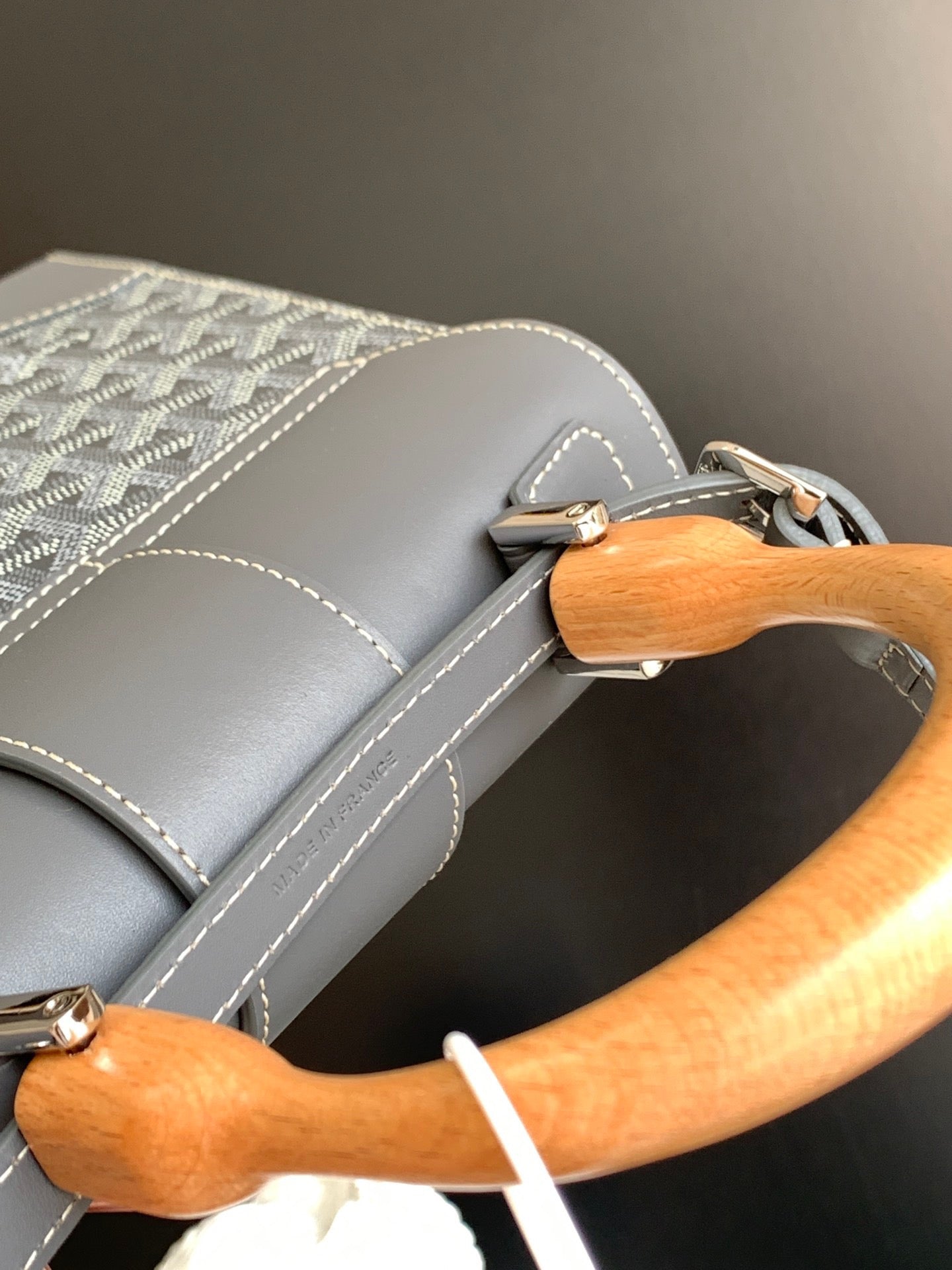 Gogy Structured Grey Chevron Top Handle Shoulder Bag with Wooden Handle