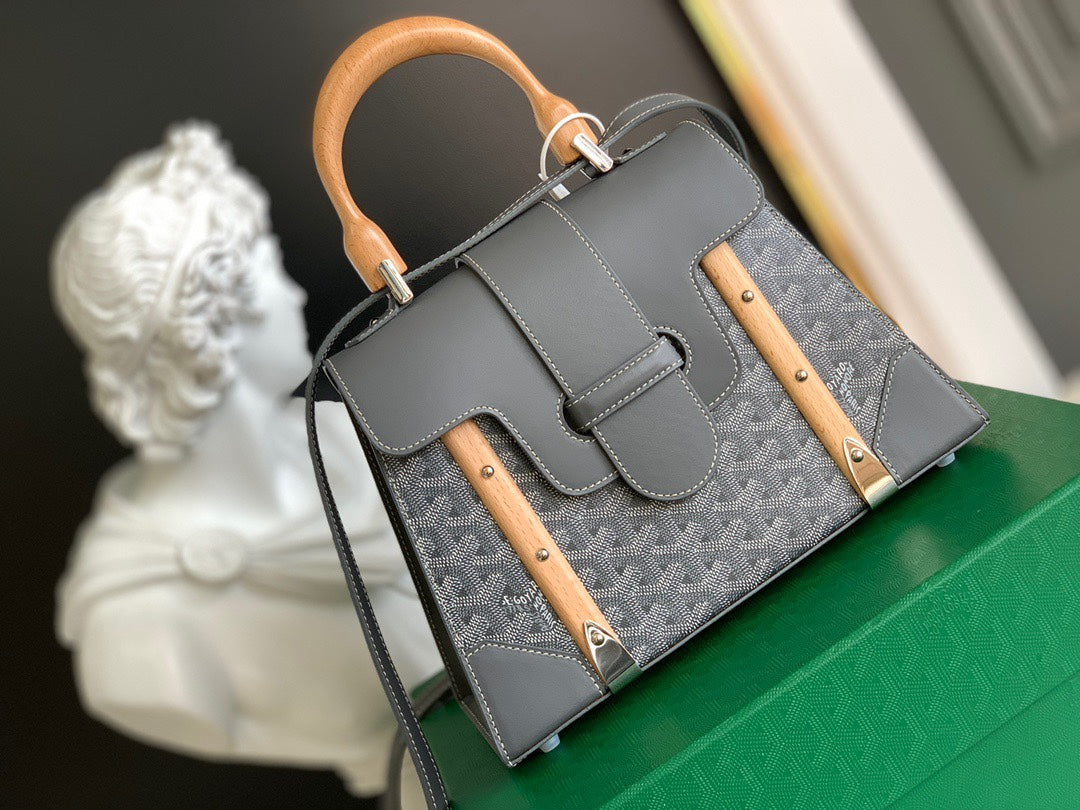 Gogy Structured Grey Chevron Top Handle Shoulder Bag with Wooden Handle