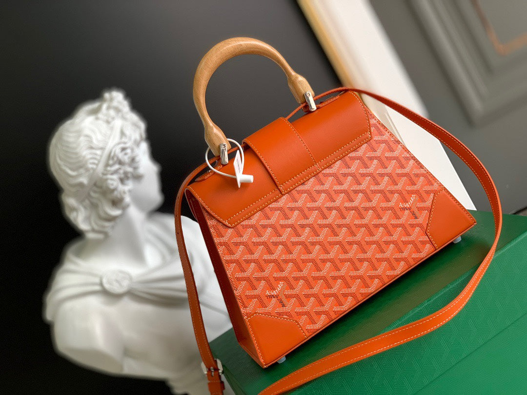 Gogy Orange Chevron Pattern Top Handle Handbag with Wooden Details