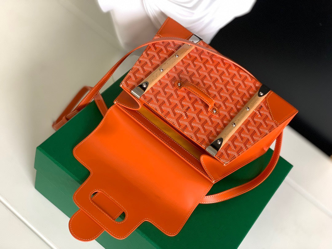 Gogy Orange Chevron Pattern Top Handle Handbag with Wooden Details