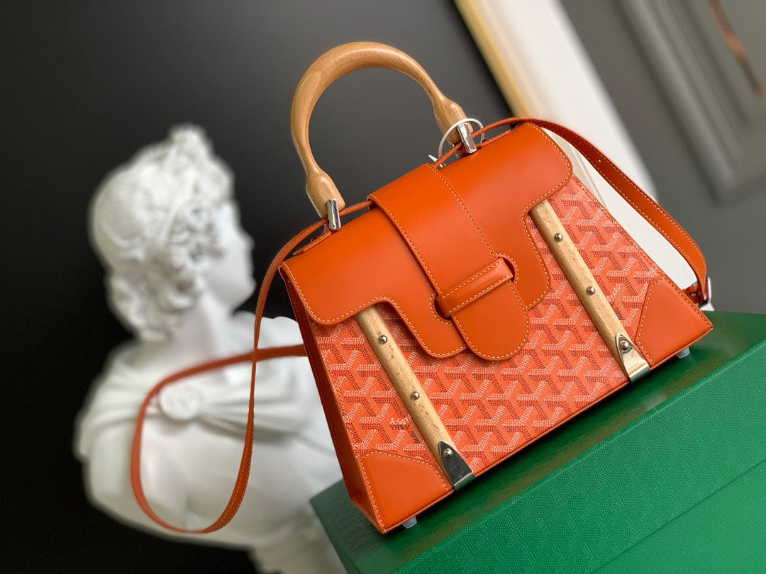 Gogy Orange Chevron Pattern Top Handle Handbag with Wooden Details