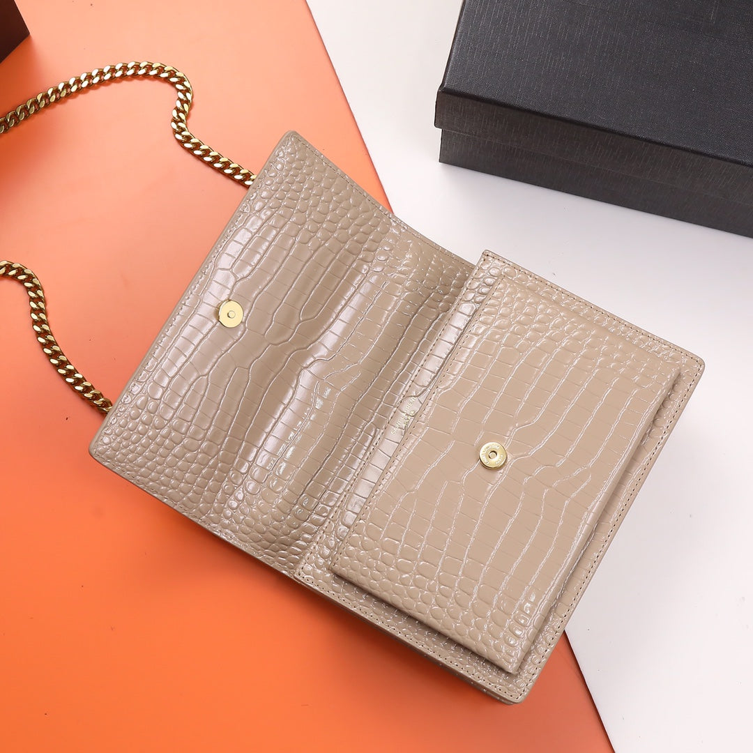 Saint Laurent Sunset Small Bag in Crocodile-Embossed Leather - Beige Gold Chain