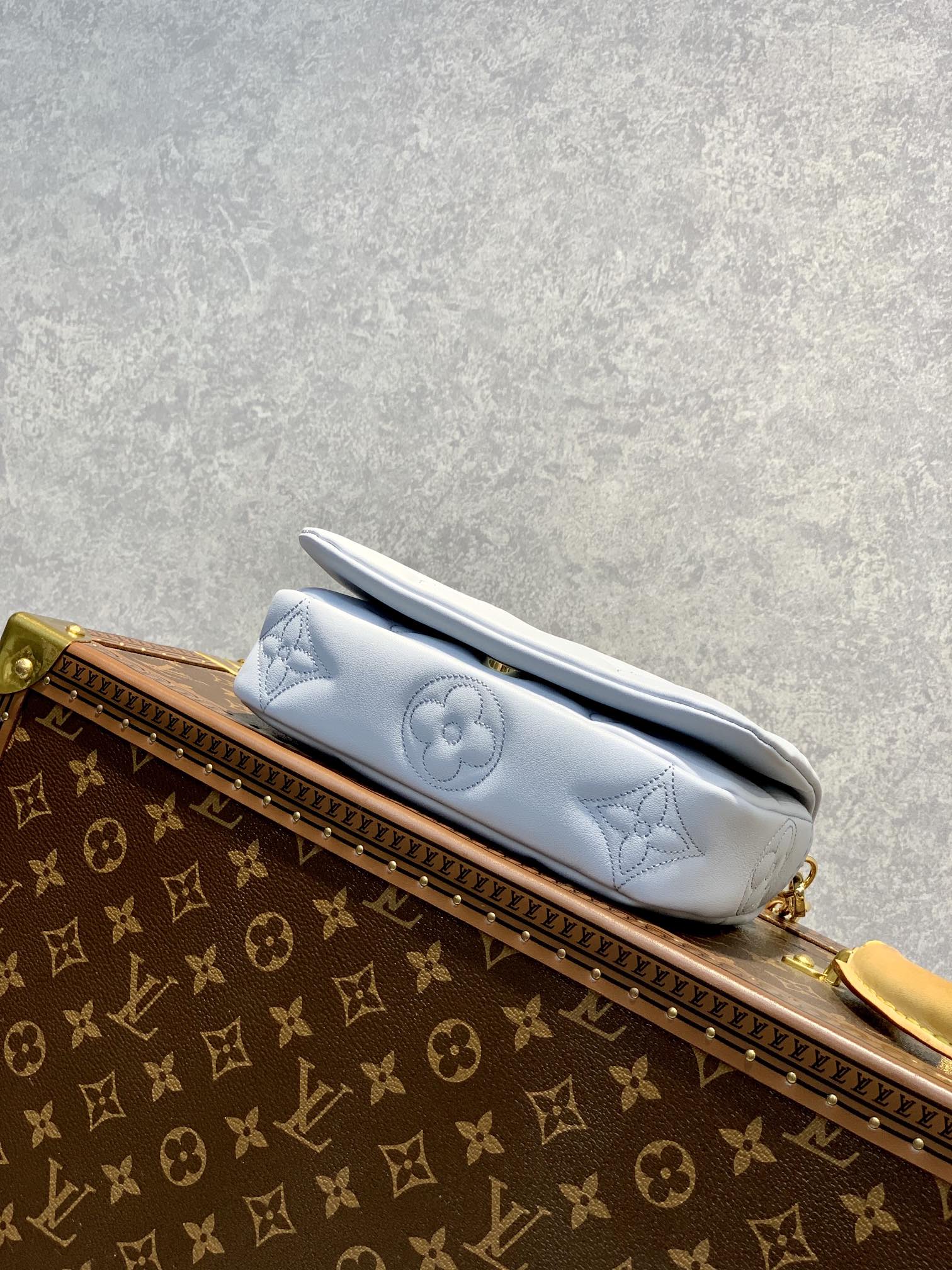 Louis Vuitton Light Blue Embossed Crossbody Bag with Wide Strap and Gold Chain