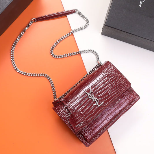 Saint Laurent Sunset Small Shoulder Bag in Burgundy Croc-Embossed Leather