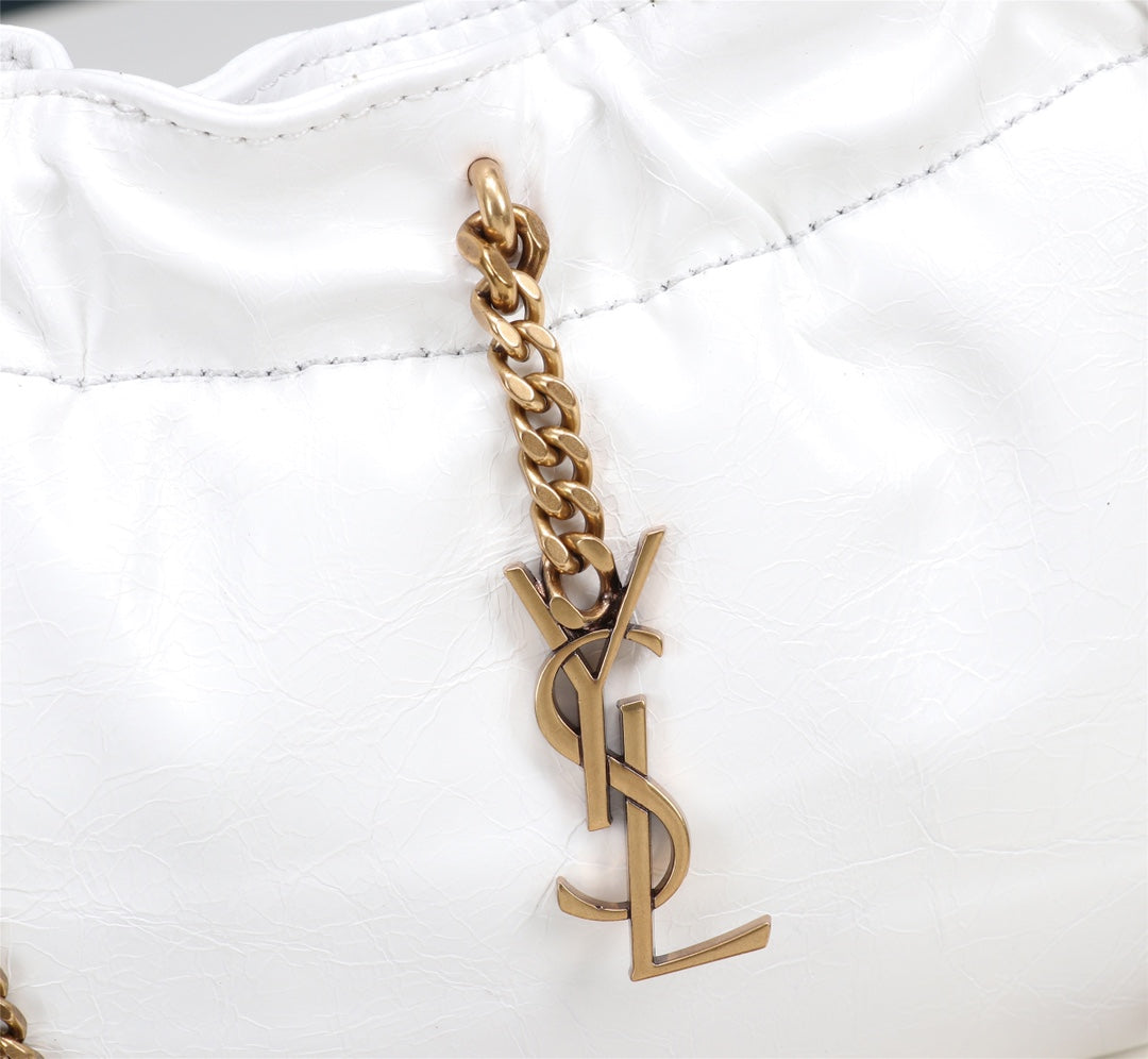 Saint Laurent YSL Small White Leather Chain Shoulder Bag with Gold Hardware