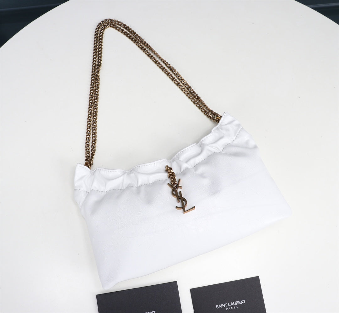 Saint Laurent YSL Small White Leather Chain Shoulder Bag with Gold Hardware